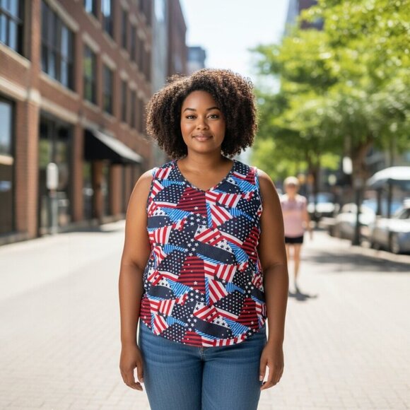 Lane Bryant Womens Sleeveless Top Shirt Plus 18/20 Patriotic Stars Stripes Blue - Picture 1 of 6